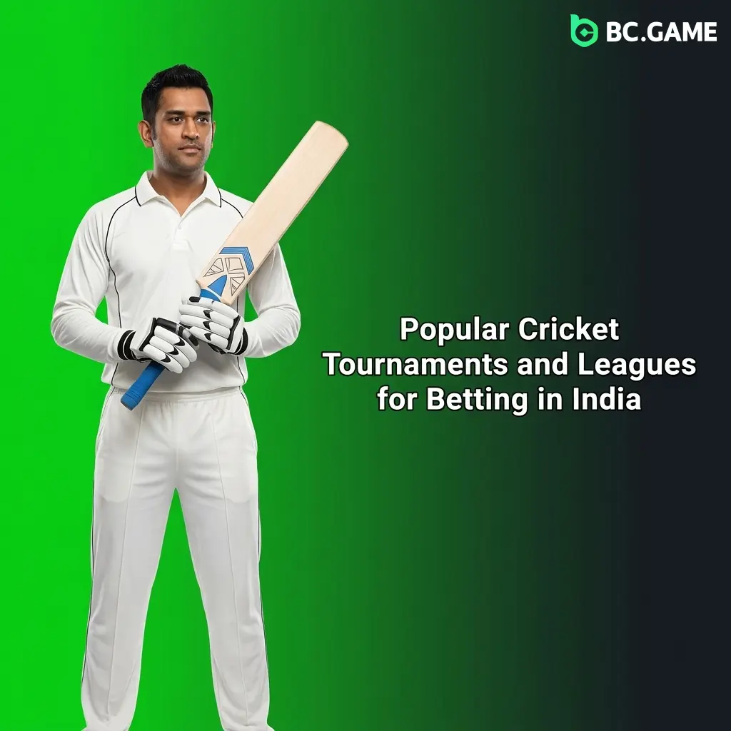 Popular cricket tournaments for betting in India including IPL, ICC World Cup, Ashes, BBL, and CPL on BC Game