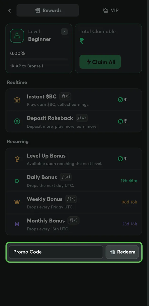 Enter the BC Game promo code to boost your first deposit.