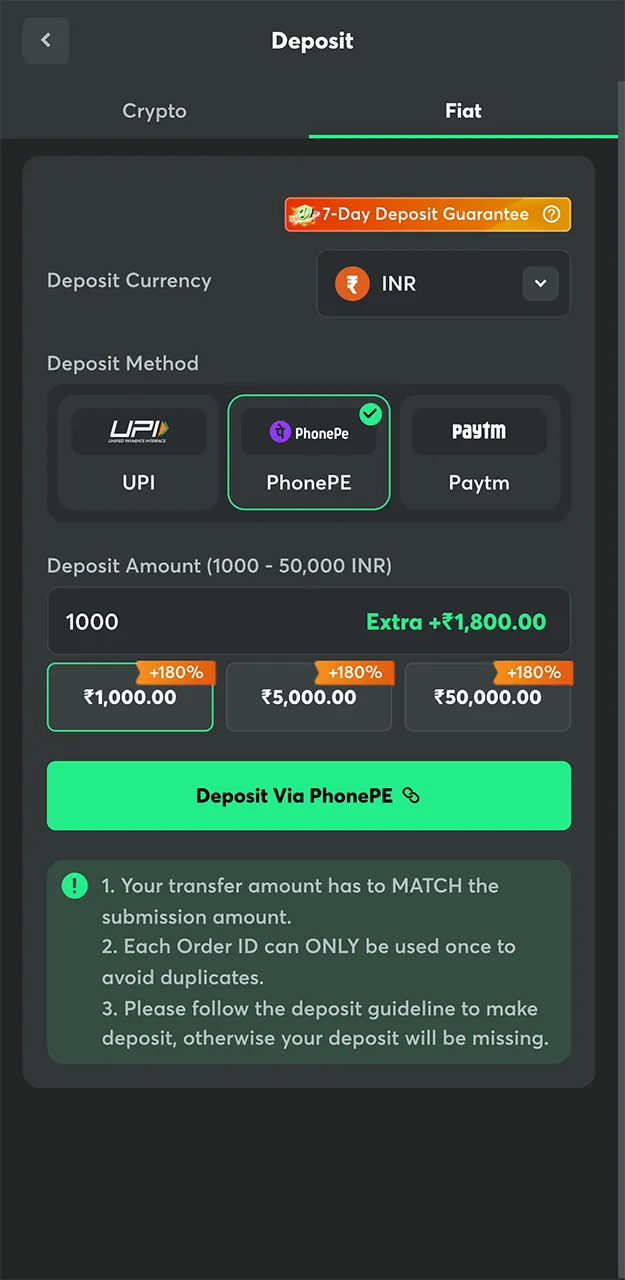 Use PhonePe to make a deposit on the BC Game website.