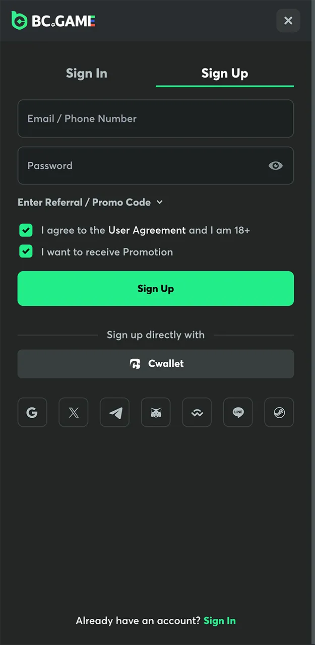 Any user, regardless of their level of experience, can easily register on the BC Game website.