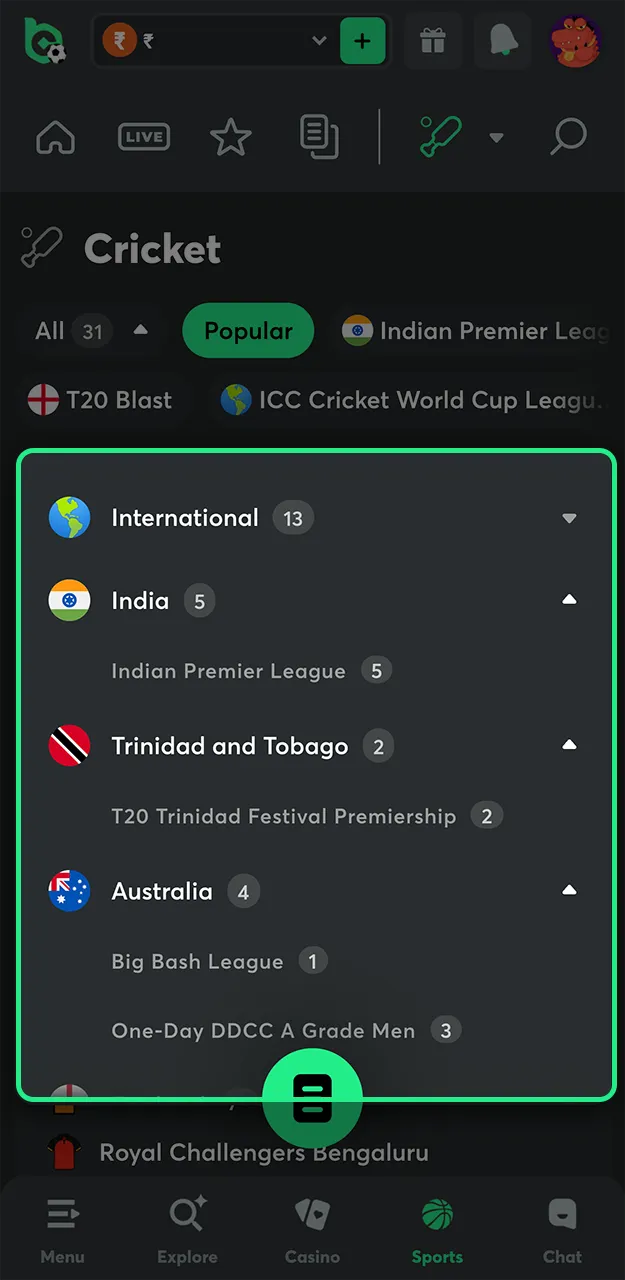 Choose a cricket tournament to bet on at BC Game.