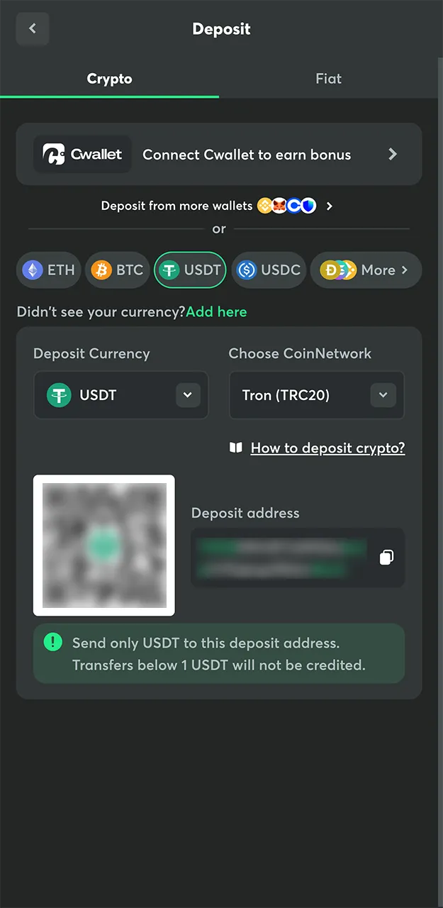 Use USDT to make a deposit in the BC Game app.