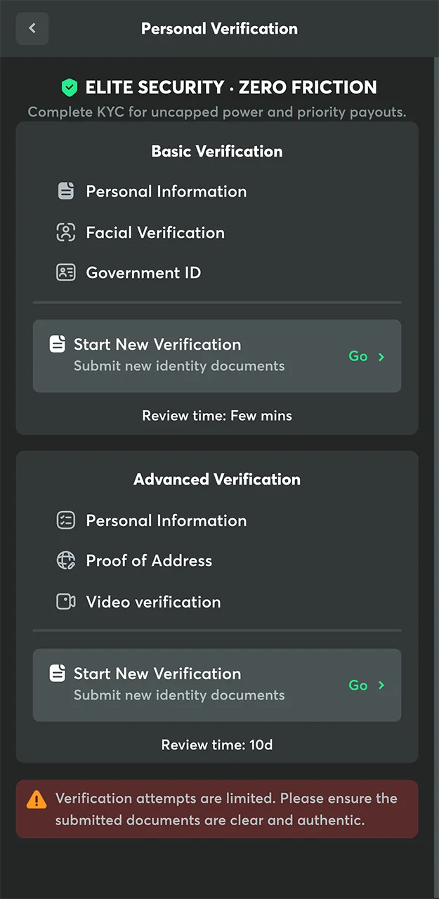Please submit the documents required for verification on the BC Game gambling platform.