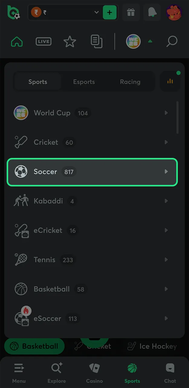 Go to the Sports tab on the BC Game website and view the available soccer matches for betting.