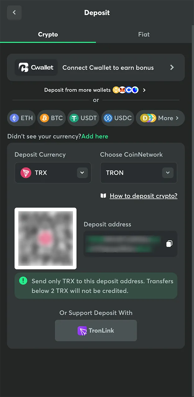 Select the appropriate cryptocurrency to deposit funds on the BC Game website.