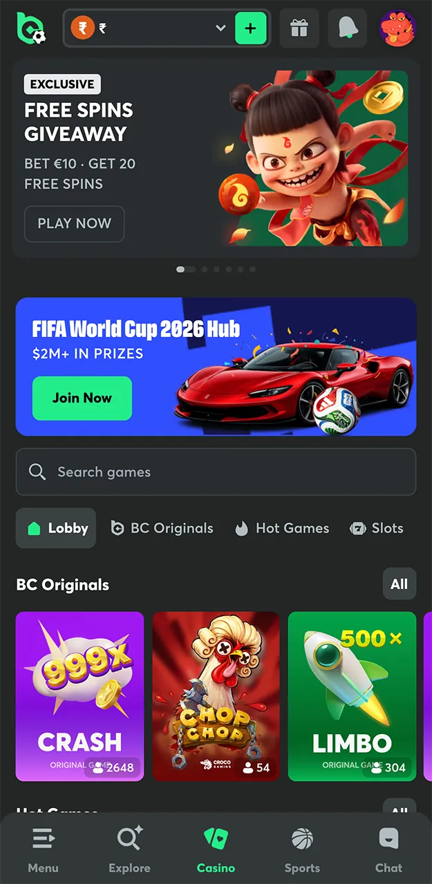 Go to the Casino tab on the BC Game website and check out the different types of games available.