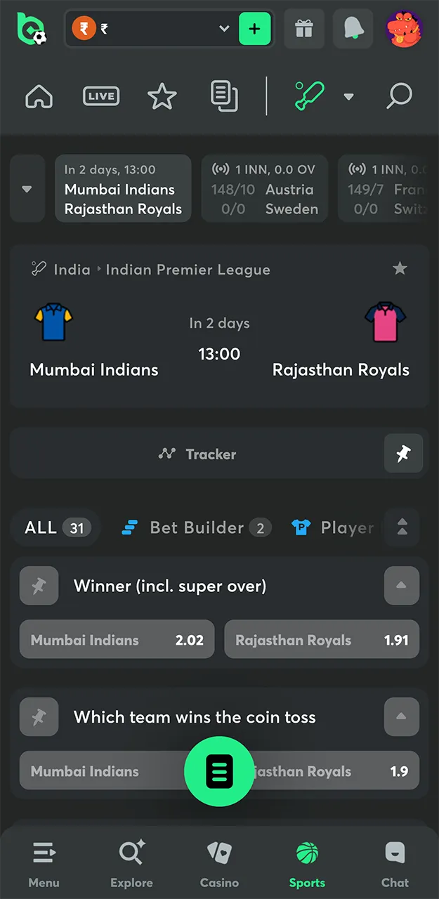Check out BC Game's odds for the upcoming IPL match.