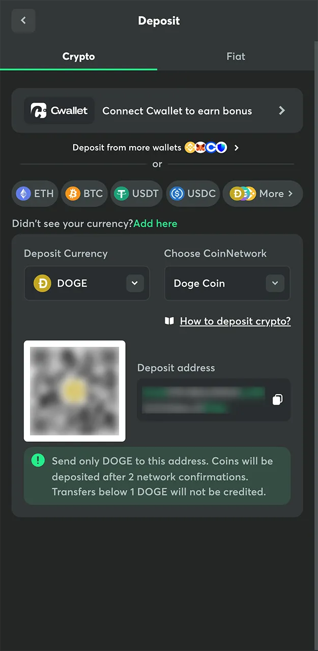 Make a deposit on the BC Game website using DOGE cryptocurrency.