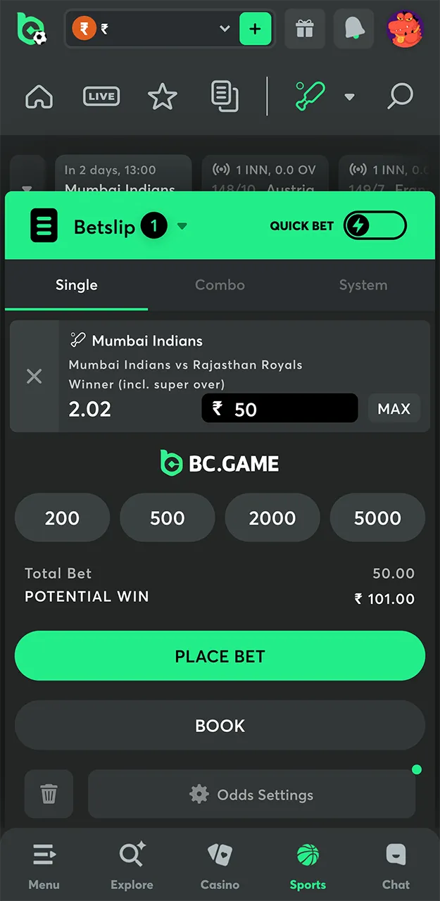 Bet on the underdog in a cricket match on the BC Game website.