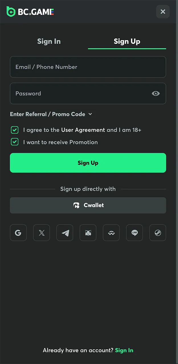 You can sign up on the BC Game website using your Steam account.