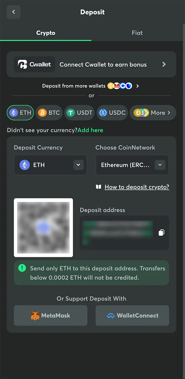 Select the Ethereum deposit method on the BC Game website and make a deposit.