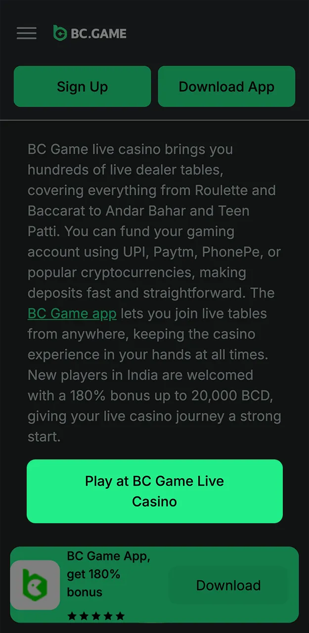 Click the button to start playing at the BC Game live casino and follow the instructions.