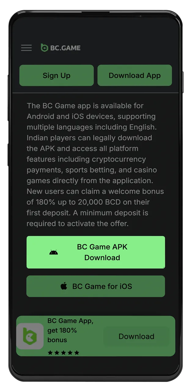 Start downloading the BC Game app for your Android device.