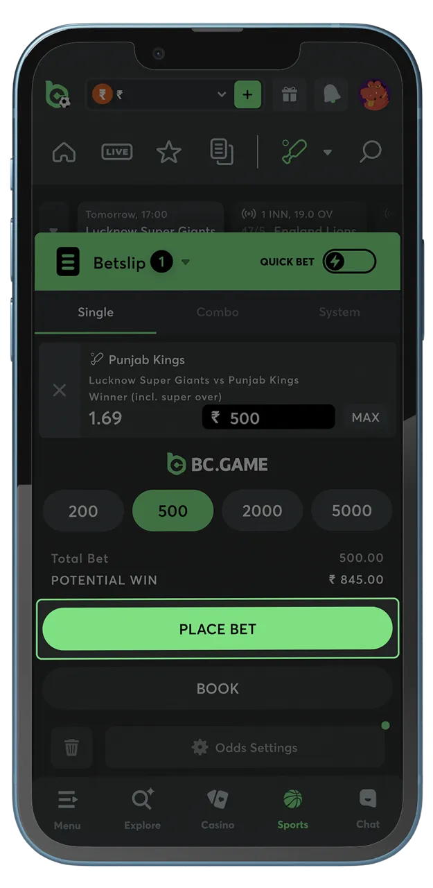 Complete the betting process and enjoy watching the matches live on the BC Game website.