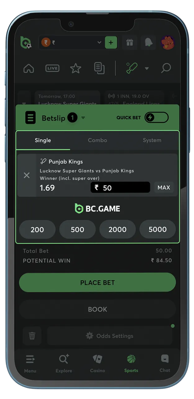 Check out the betting form on the BC Game website and enter the desired amount.