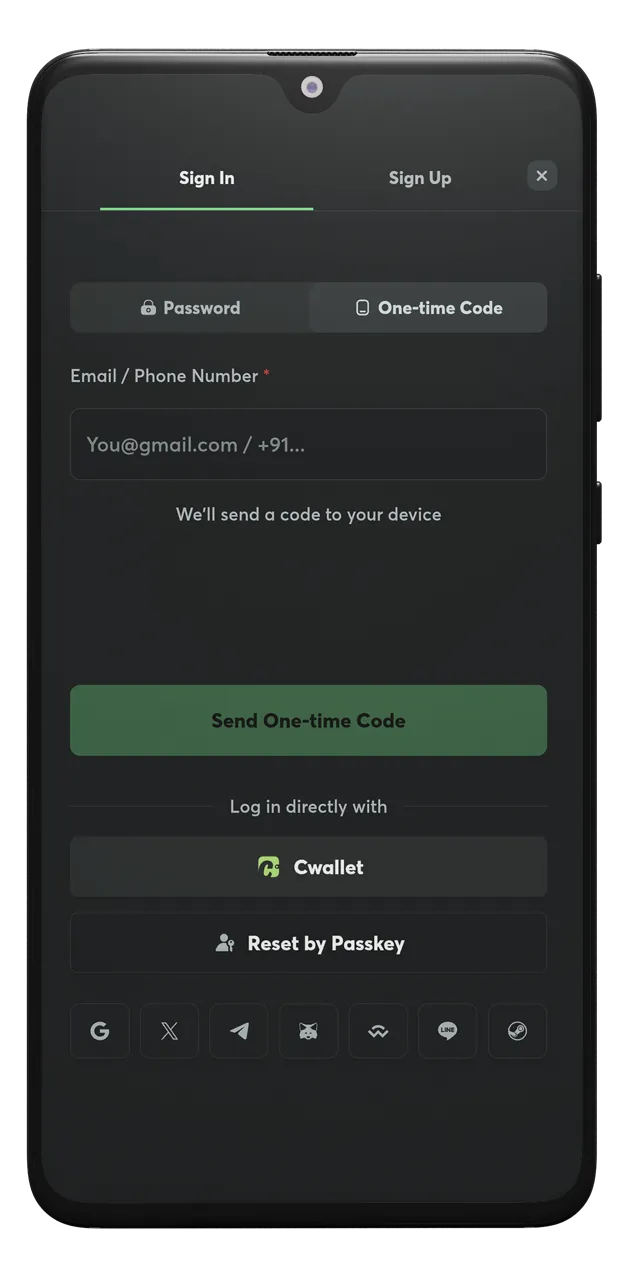 Select the method for logging into your account on the BC Game website using a password code.