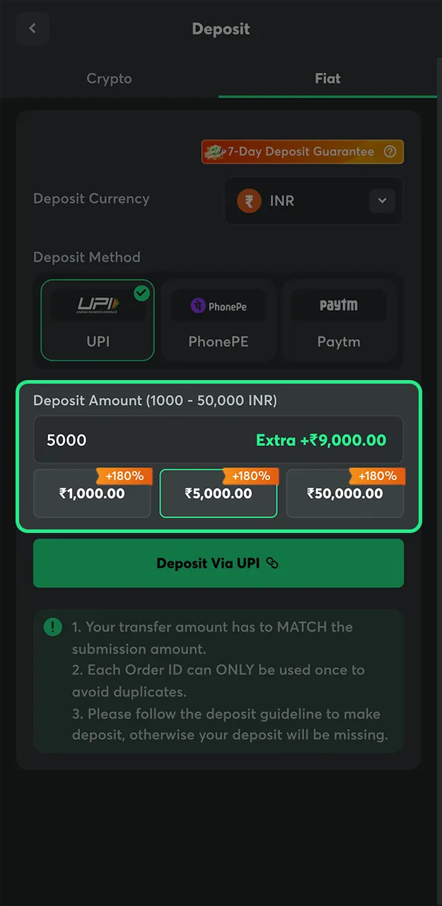Select the amount you want to deposit for playing or betting on the BC Game website.