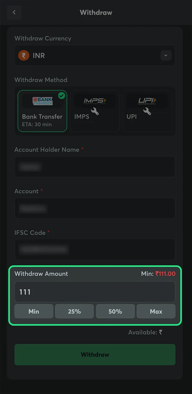 Enter your personal account details and other required information to withdraw funds from the BC Game app.