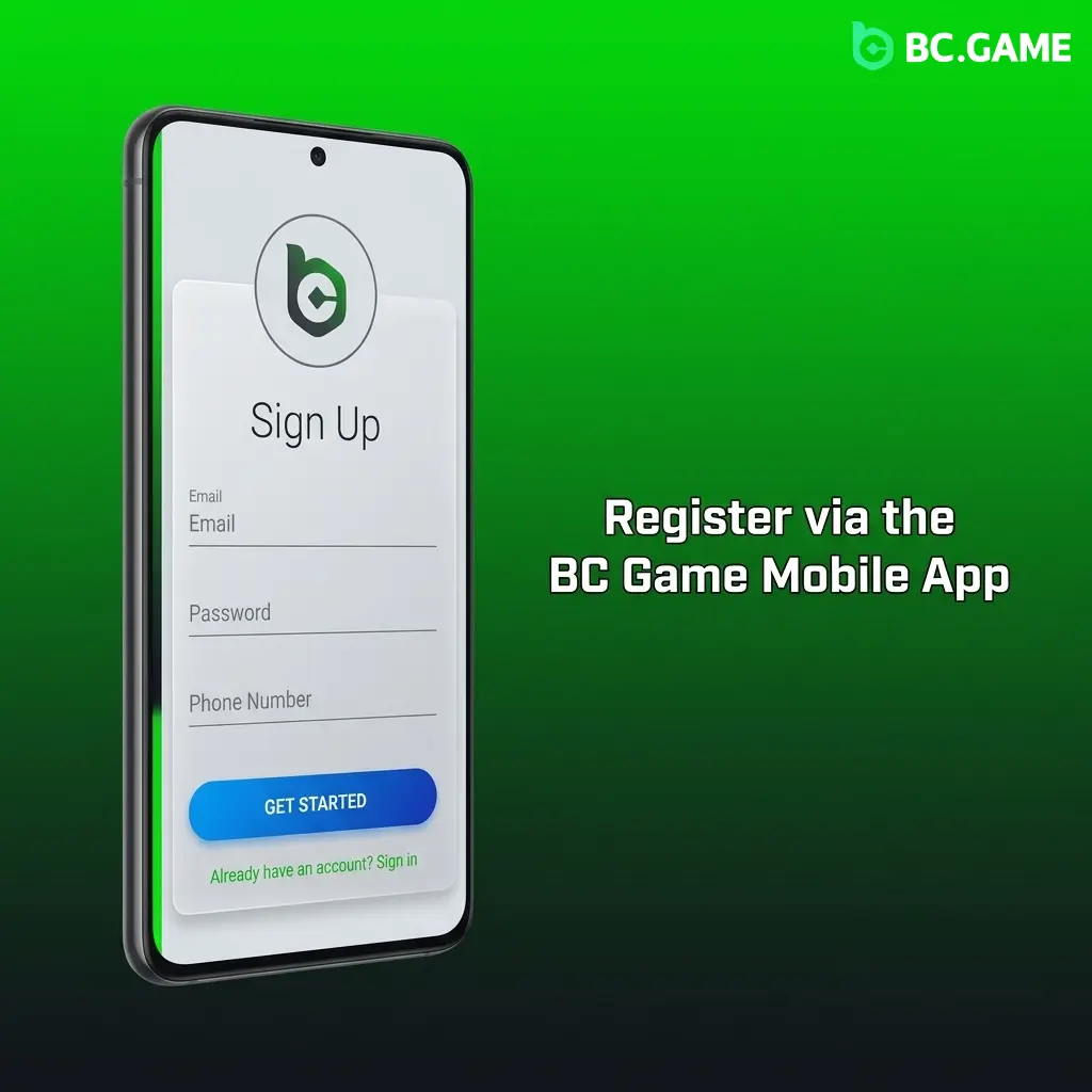 BC Game mobile app registration screen on Android showing sign-up options including email, phone, and social login