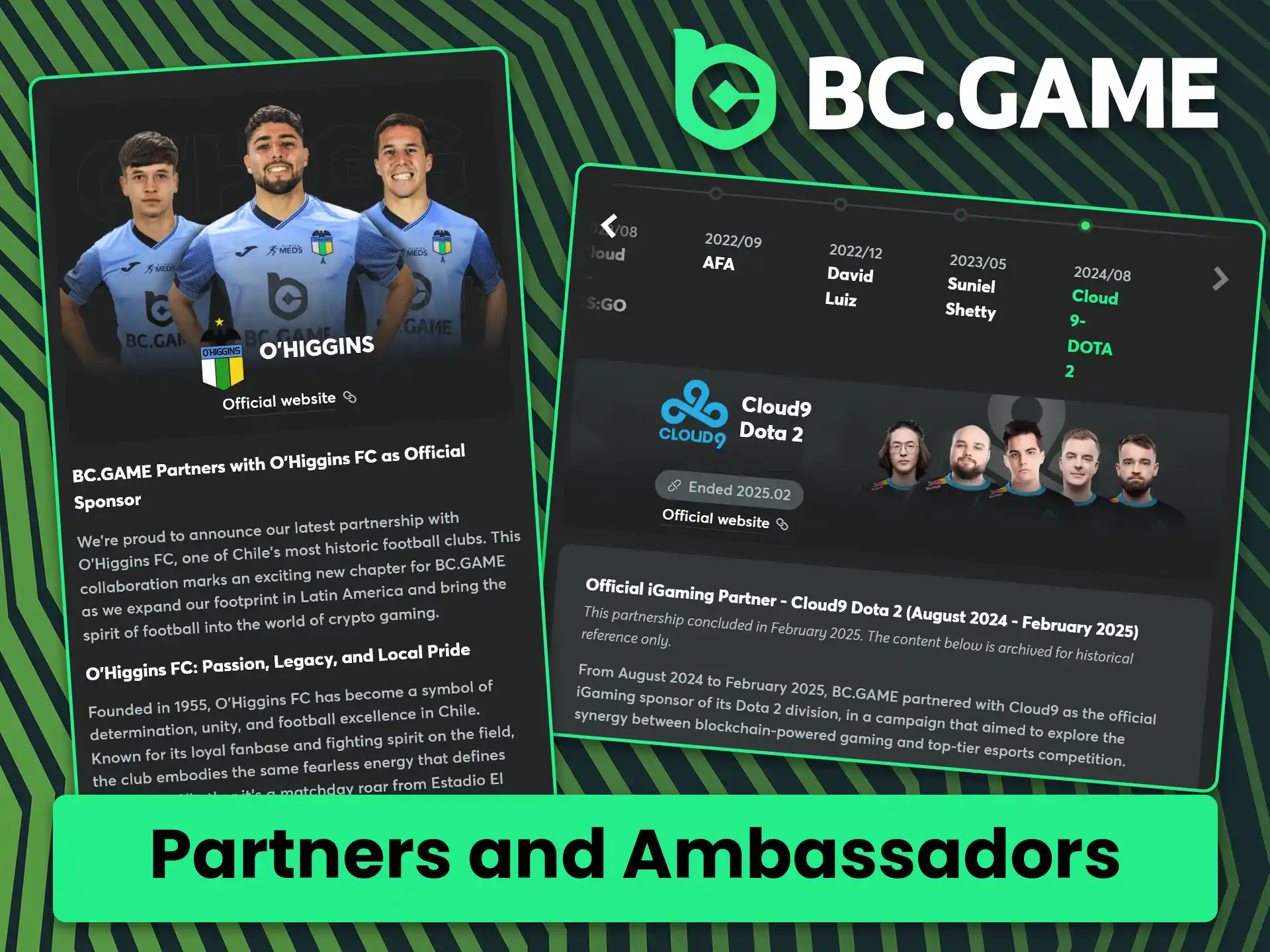 Review the list of official BC Game partners and brand ambassadors.