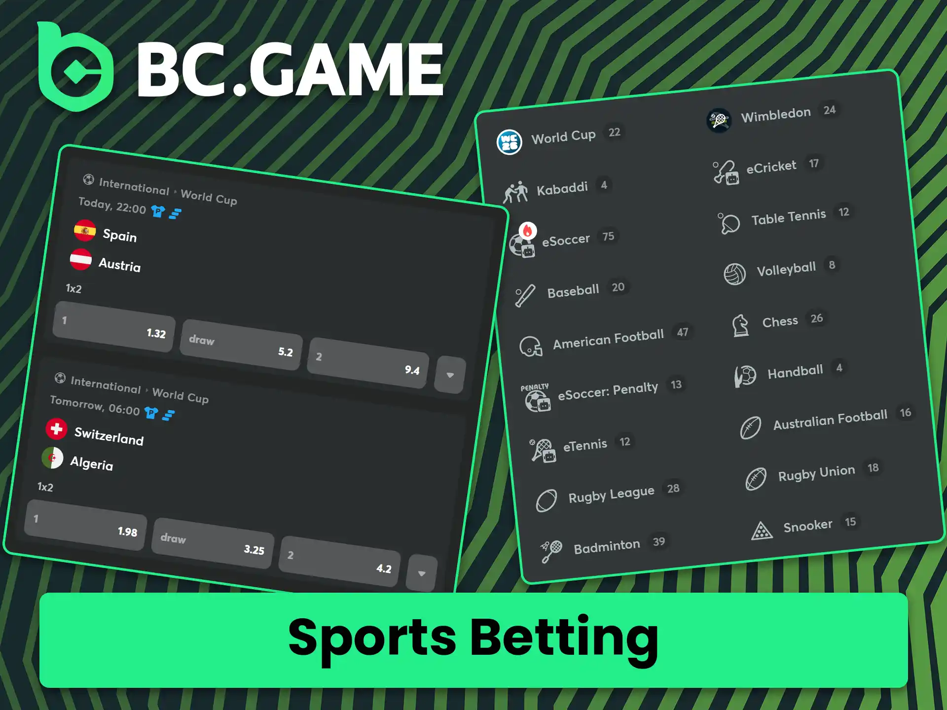 Explore the available disciplines and options for sports betting on BC Game.