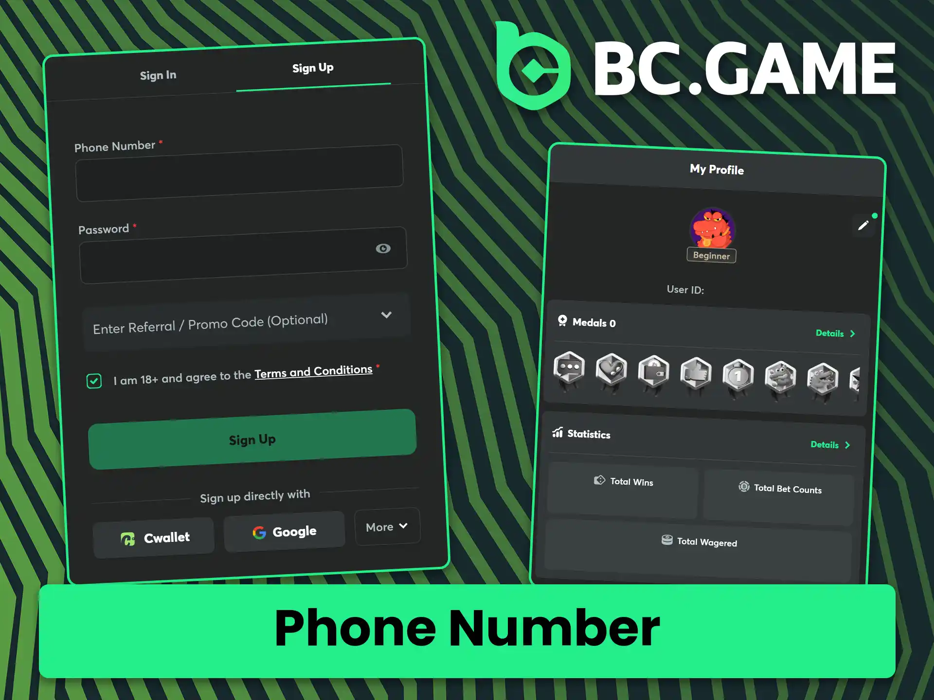Quickly create your new user account using your phone number on BC Game.