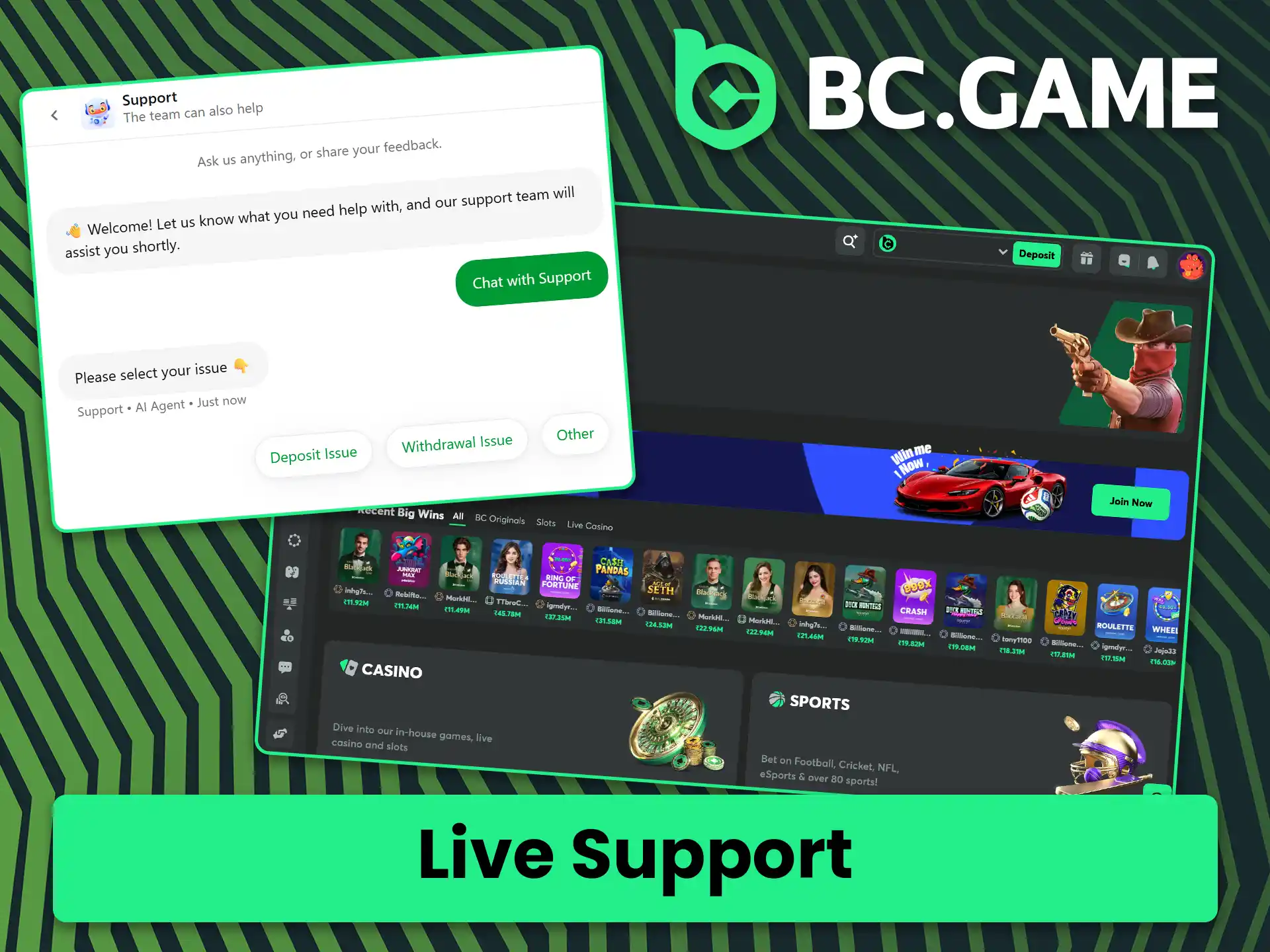 Get instant help through BC Game's live support.